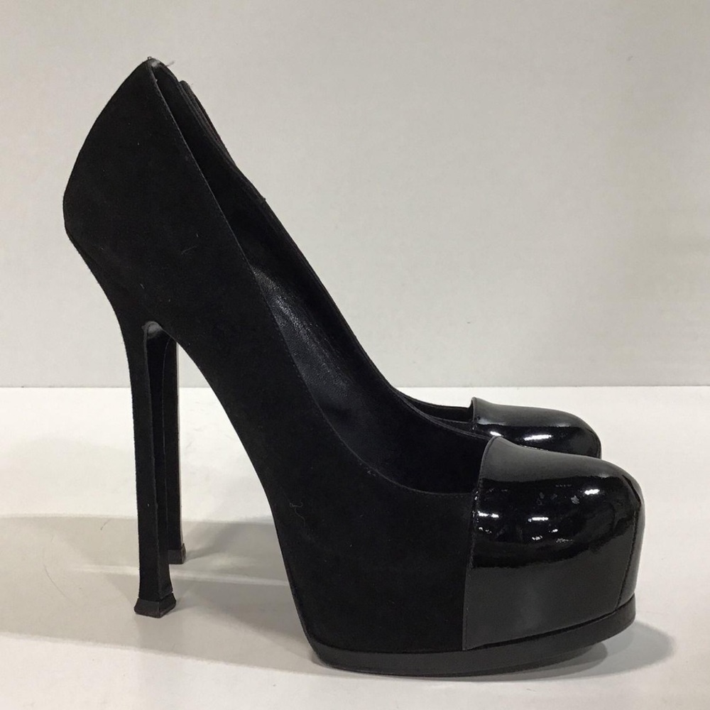 Women’s Yves Saint Laurent Tribtoo Double Platform Heels Black Suede/Patent 38.5